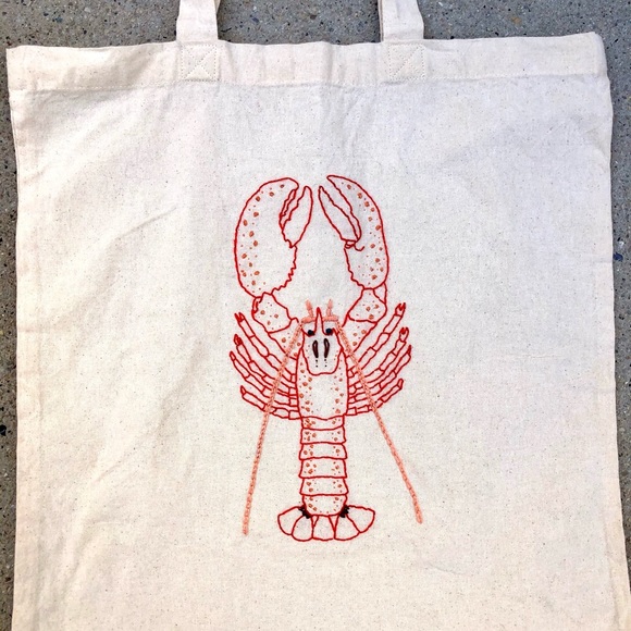 Hand Embroidered Pink Red Lobster Canvas Tote Bag - Picture 3 of 4